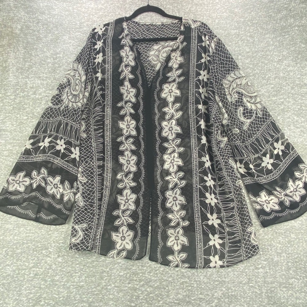 Black White Womens‎ Floral Sheer Kimono Duster Cover Up Lightweight Bohemian